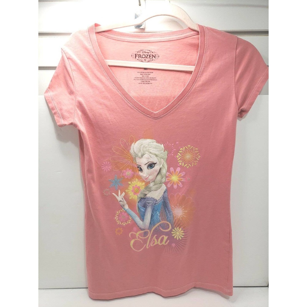 Ladies T Shirt top Disney Frozen Elsa pink v-neck tee short sleeve Medium